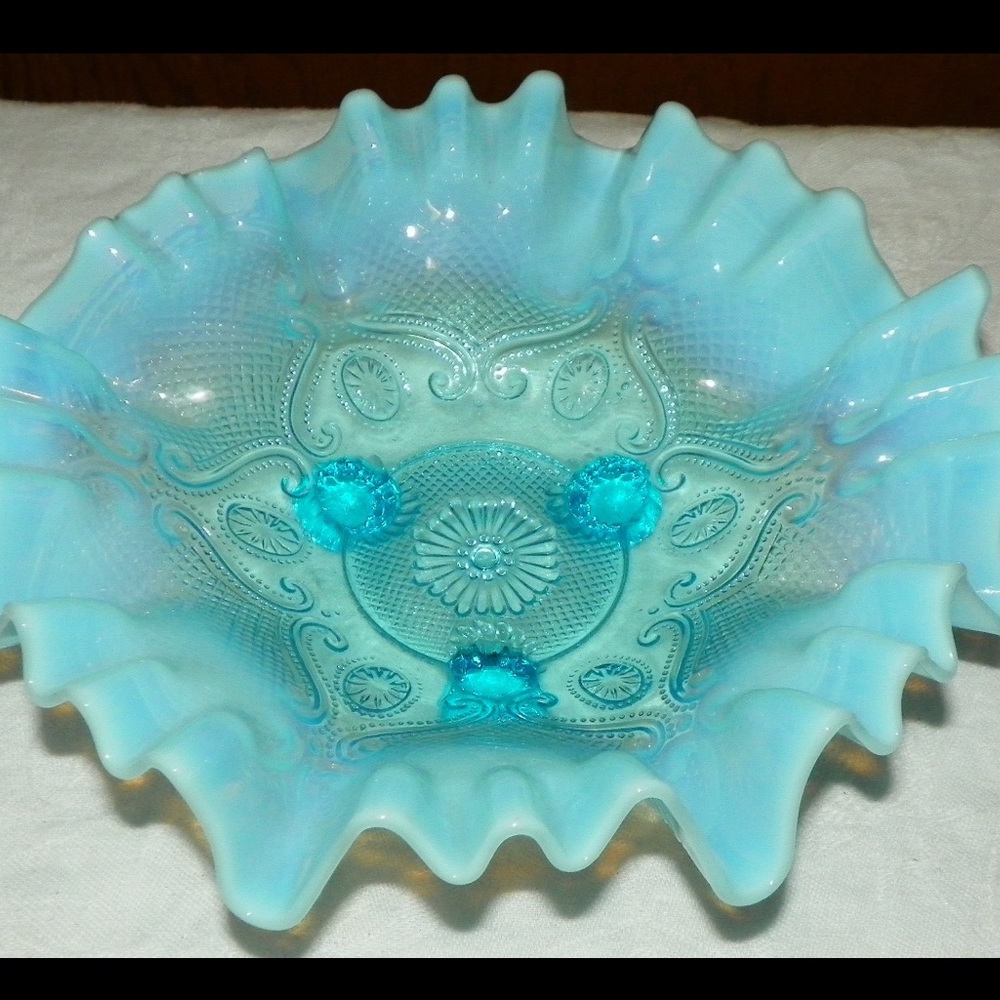 Gorgeous Blue Opalescent Three Footed Ruffled‎ Compote Bowl Candy Dish